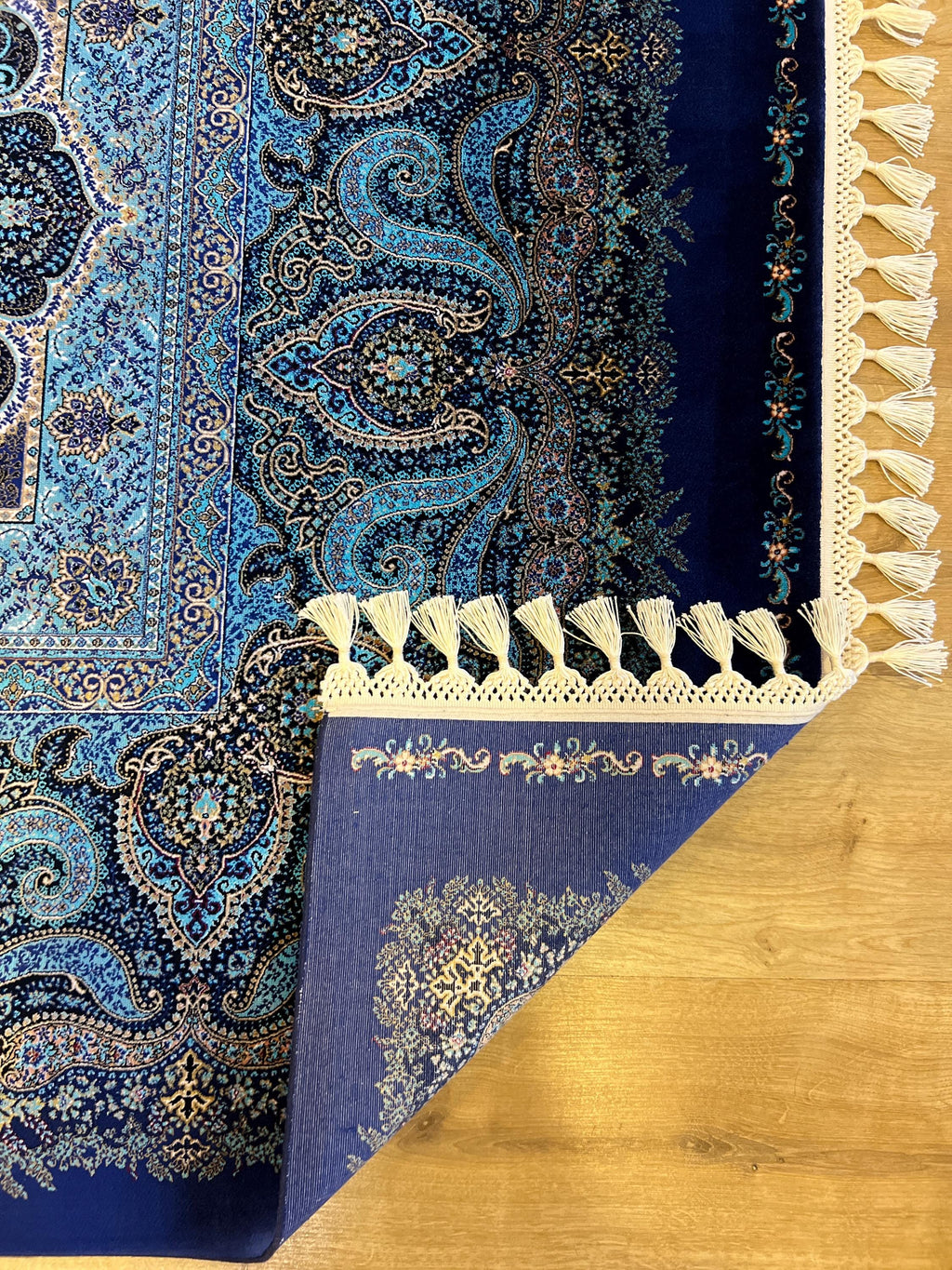 Navy Blue Classic Medallion Design Silk Rug, Traditional Turkish Style
