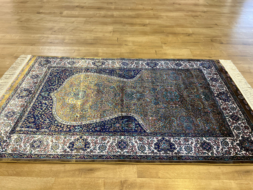 Gold Blue Silk Prayer Rug, Janamaz Mat, Muslim Gift Mat (2.62 X 4.10)