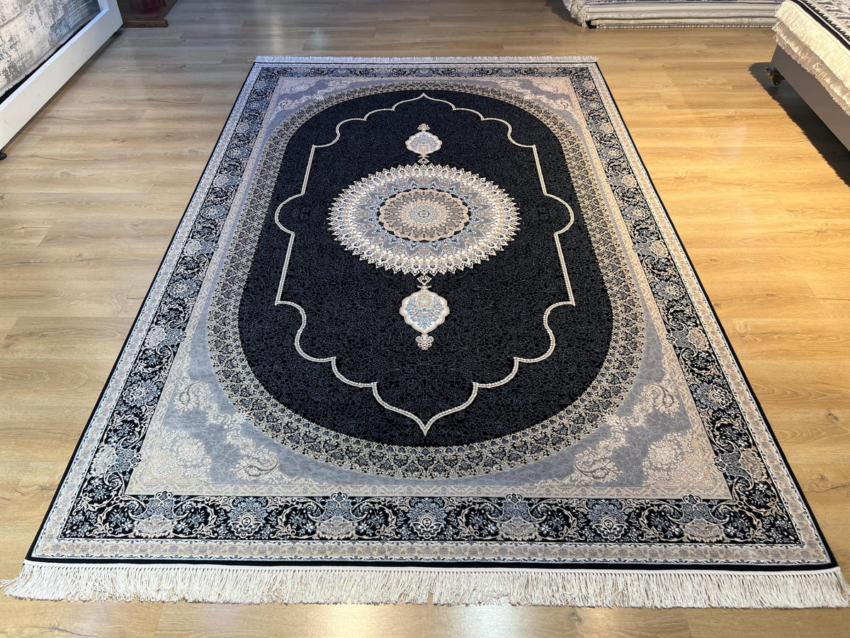 7x10 ft Black Silk Bamboo Rug with Medallion, Luxury Classic Design