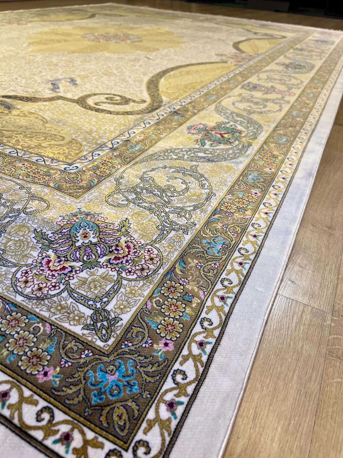 Gold Ivory Modal Silk Rug 8x11 ft, Medallion Design
