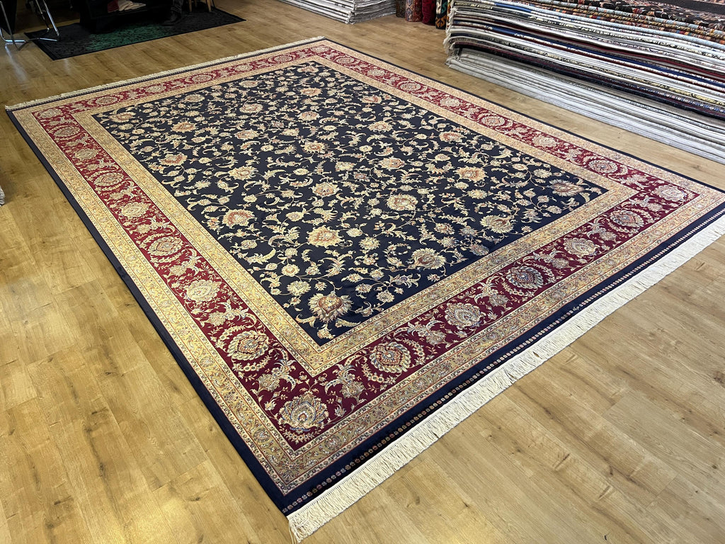Dark Blue Red Silk Rug 10x13 ft, Turkish Ottoman Style, Oversized Soft Area Rug