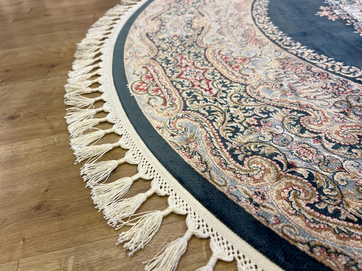 Blue Round Silk Rug, Medallion Design Turkish Carpet