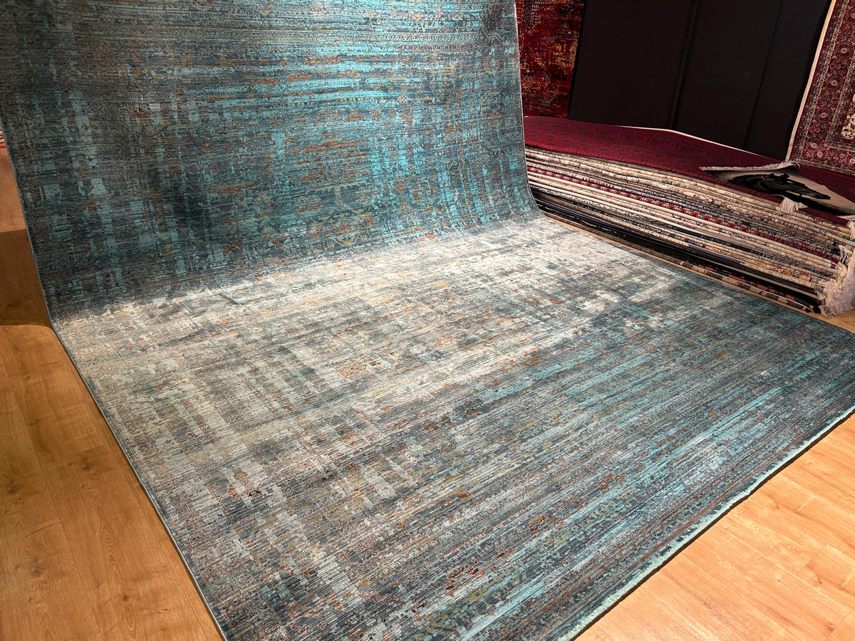 10x13 ft Turquoise Bamboo Rug, Distressed Pattern, Modern Rug