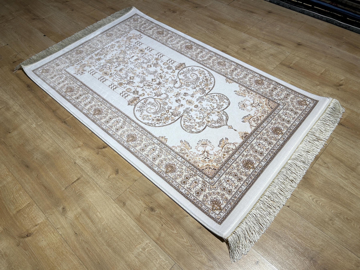 2.55x4.10 Ft Ivory Brown Silk Prayer Rug, Muslim Gift Prayer Mat