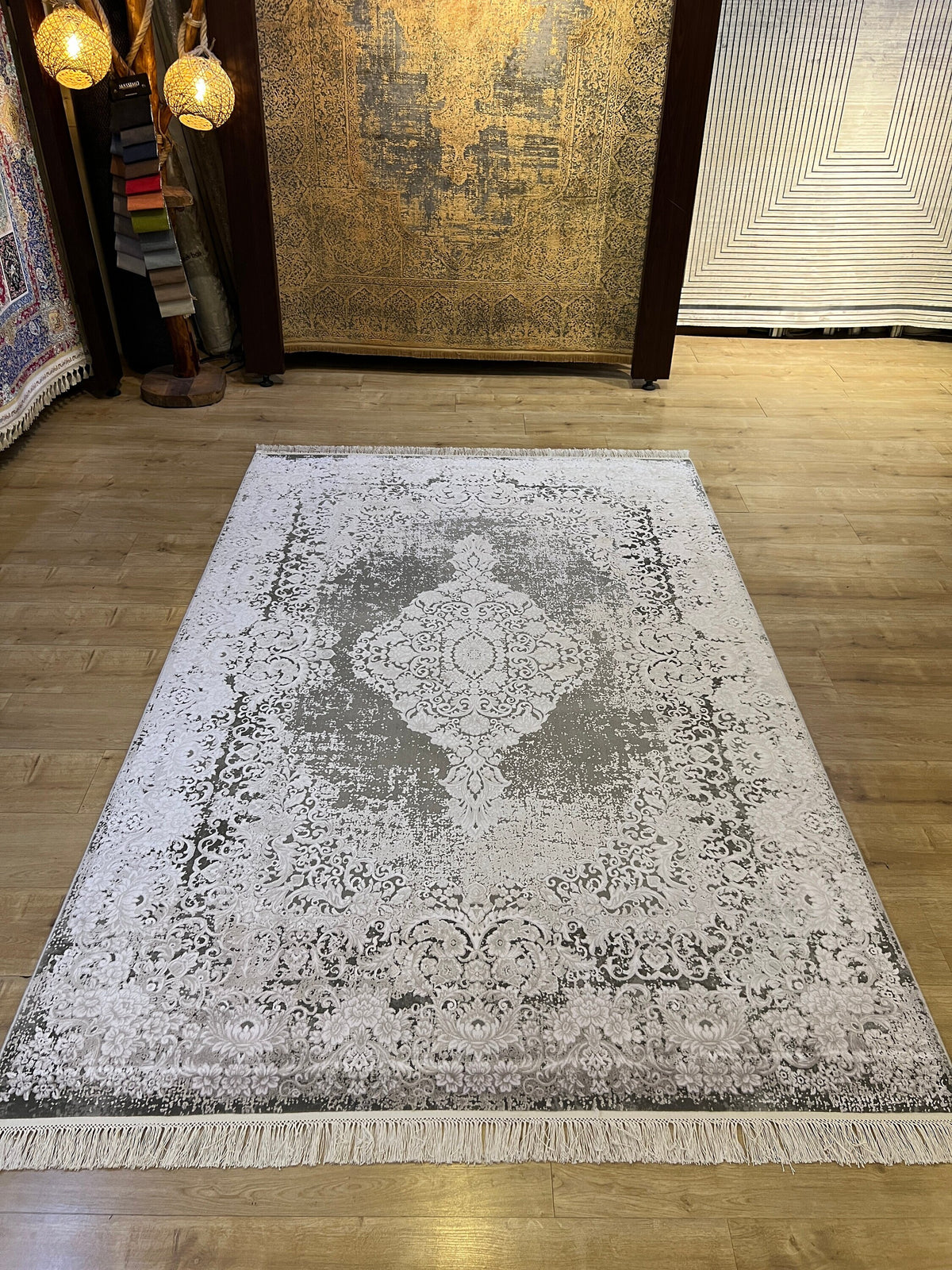 Gray Bamboo Rug, Turkish Medallion Design Carpet, Home Decor (5x8 ft)
