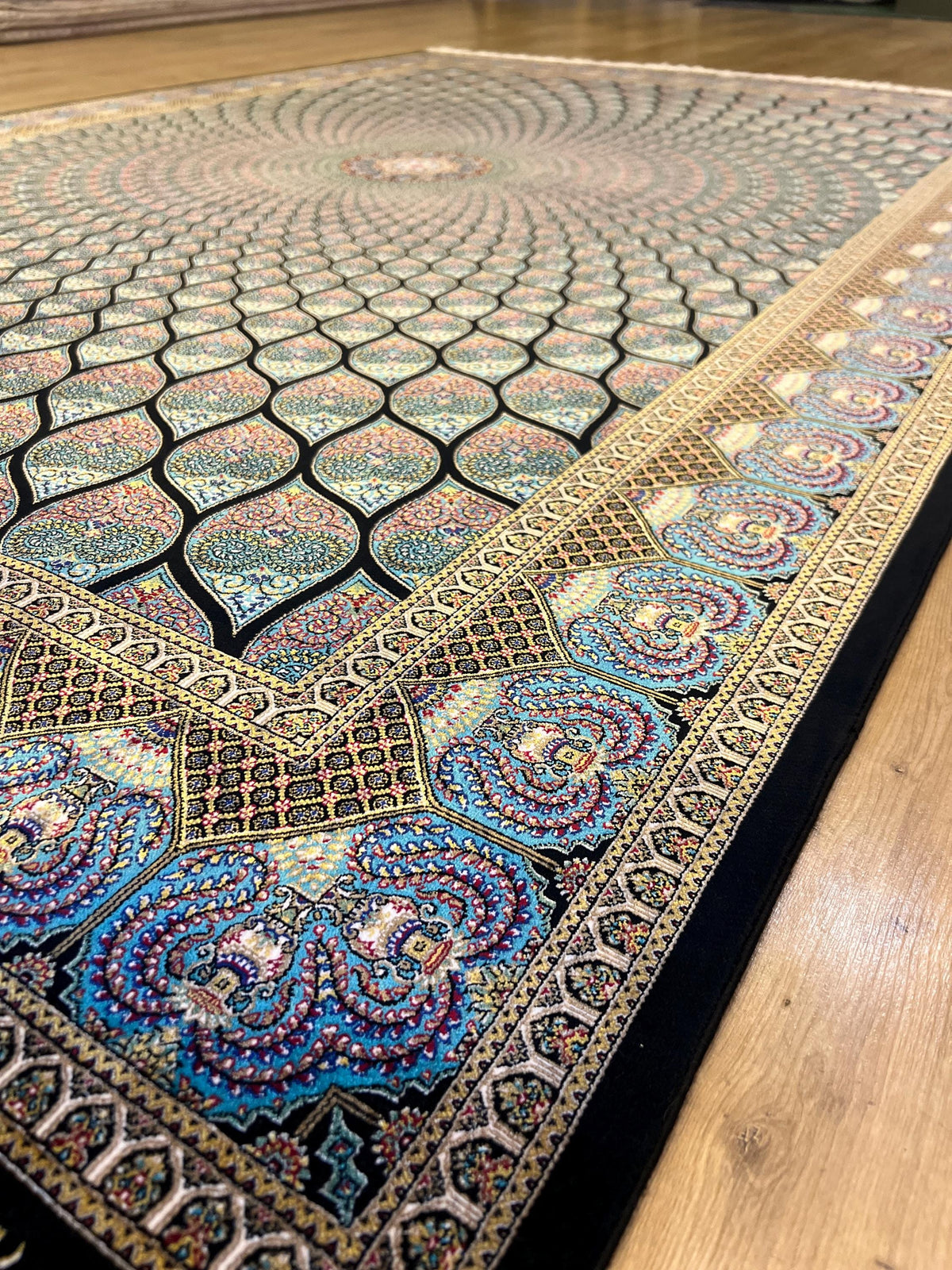 Blue Black Silk Rug, Medallion Design Rug, Traditional Pattern Carpet