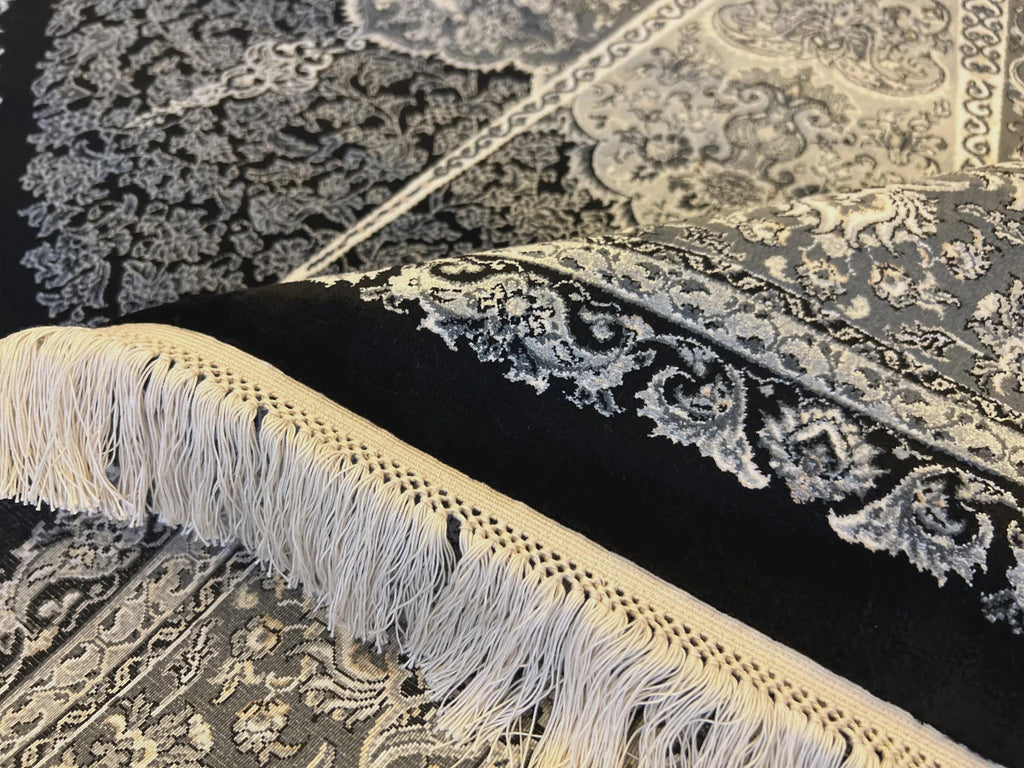5x8 ft Black Silk Rug, Gray Medallion, Classic Turkish Style, Luxury Carpet