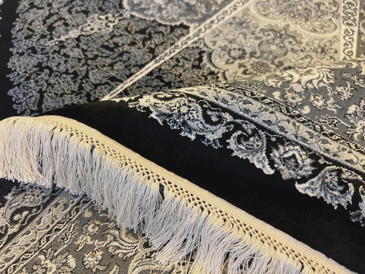 5x8 ft Black Silk Rug, Gray Medallion, Classic Turkish Style, Luxury Carpet
