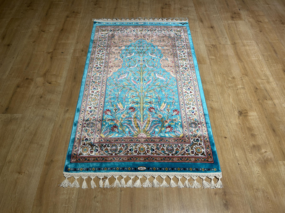 2.62x4.10 ft Blue Silk Prayer Rug, Floral and Bird Design Mat, Muslim Janamaz Mat