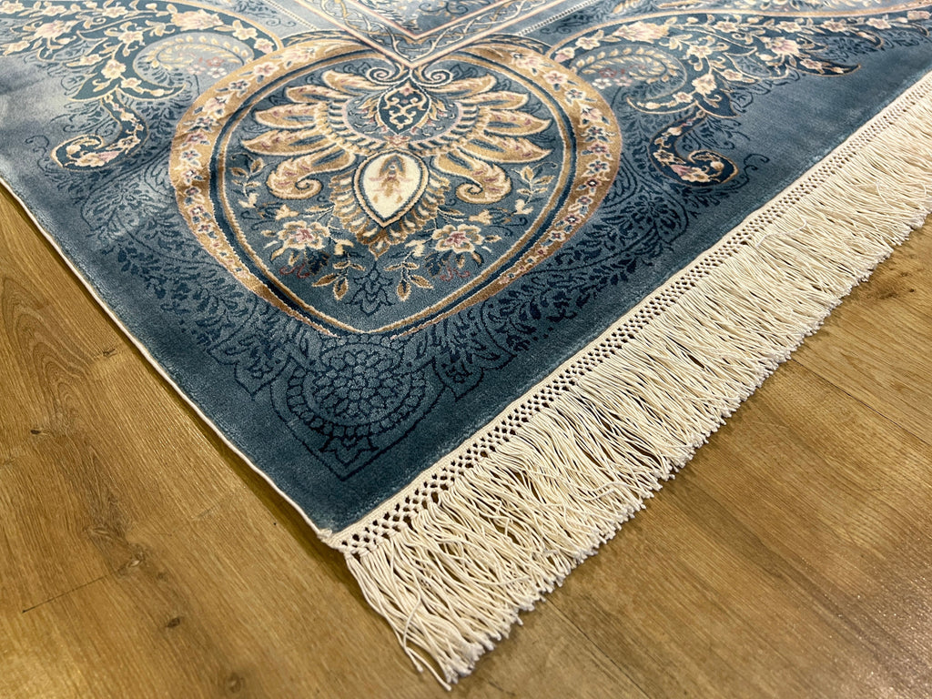 7x10 ft Blue Classic Turkish Style Silk Area Rug with Elegant Luxury Design