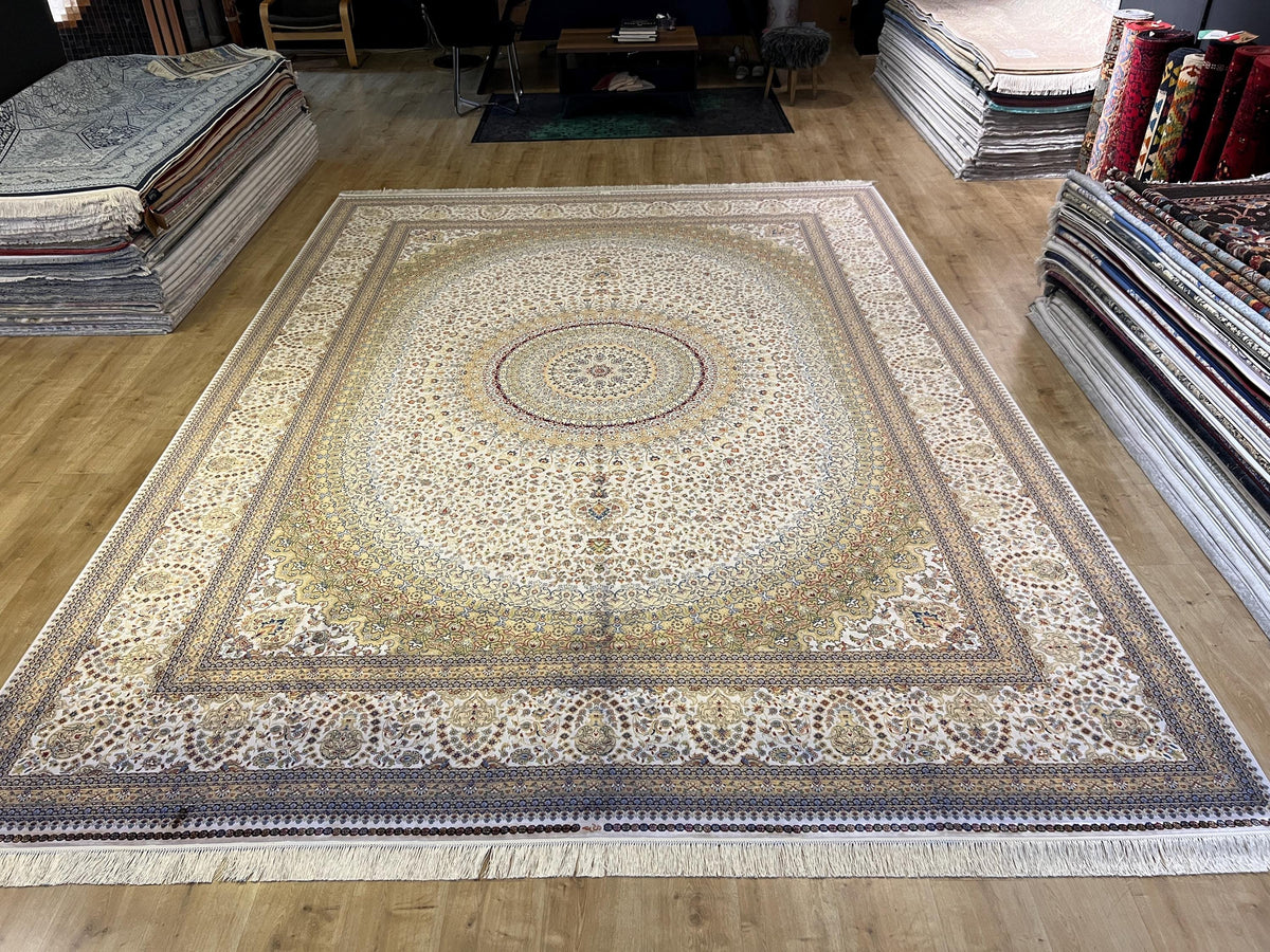 Bamboo Silk Ivory Rug 10x13 ft, Luxury Large Rug with Classic Medallion Design