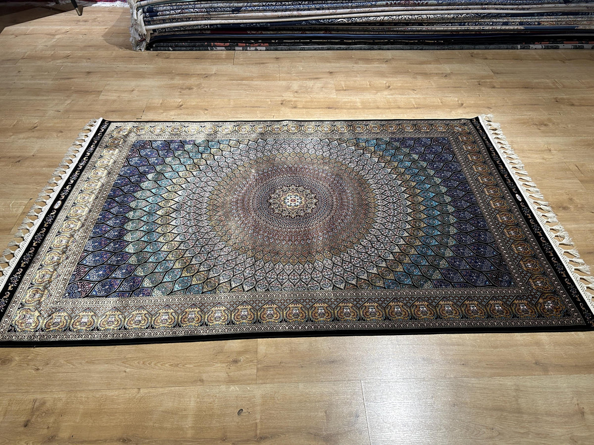 4x6 ft Blue Gold Silk Rug, Medallion Design, Classic Turkish Style Carpet, Luxury Rug