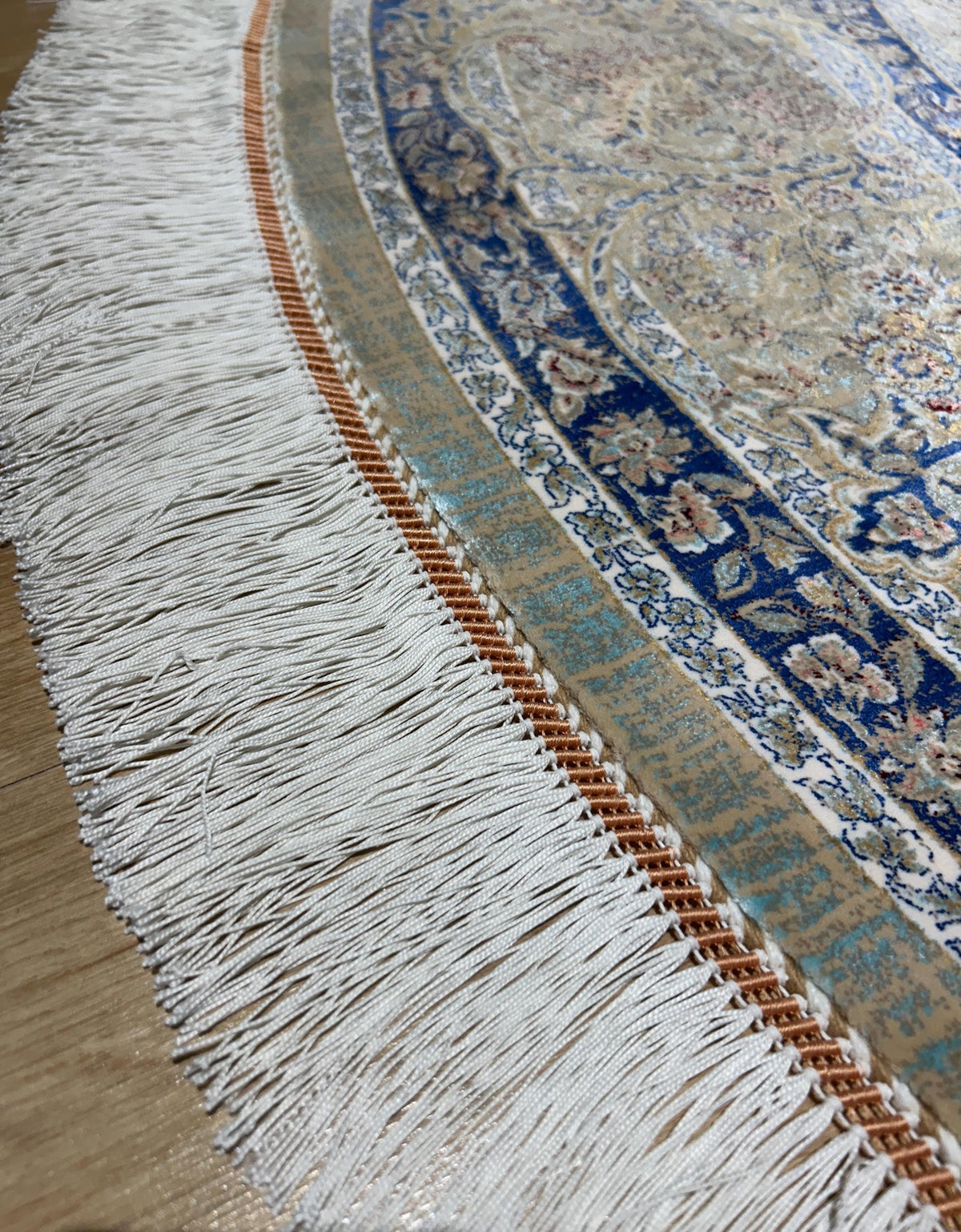 7x7 Ft Beige Blue Silk Rug, Distressed Pattern Medallion Carpet
