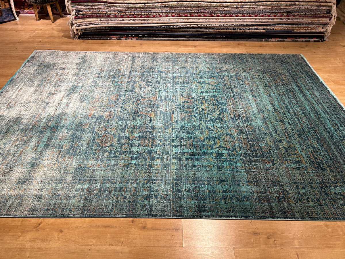 7x10 ft Turquoise Bamboo Rug, Distressed Pattern, Modern Rug
