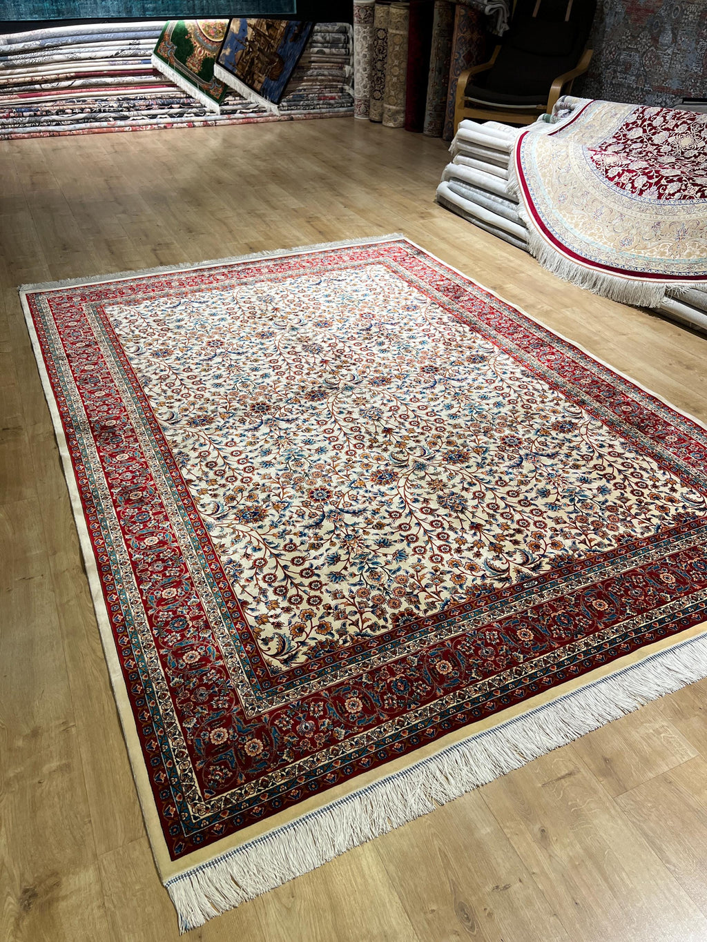Floral Design Ivory Silk Carpet, Red Border Silk Rug, Home Decor