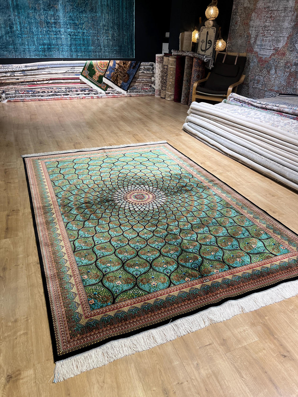 5x8 ft Luxury Green Silk Rug With Floral Border and Medallion