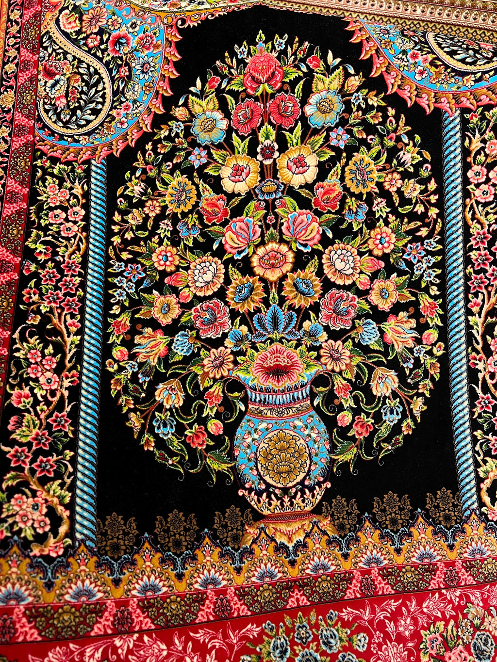 Black Small Silk Rug, Vase Pattern Wall Decor Mat, Floral Tapestry