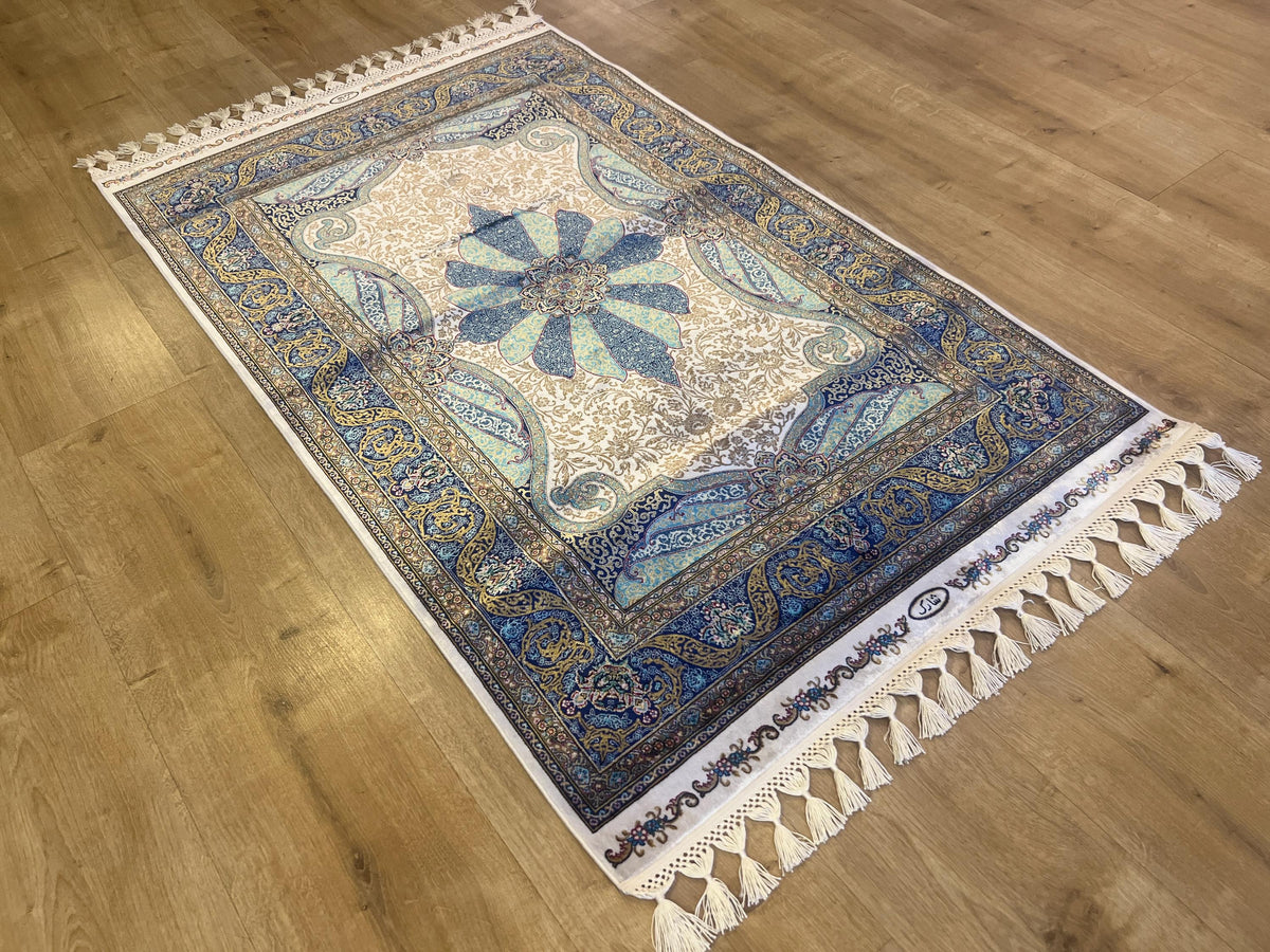 Ivory Silk Rug with Blue Medallion Pattern, Luxury Small Silk Carpet