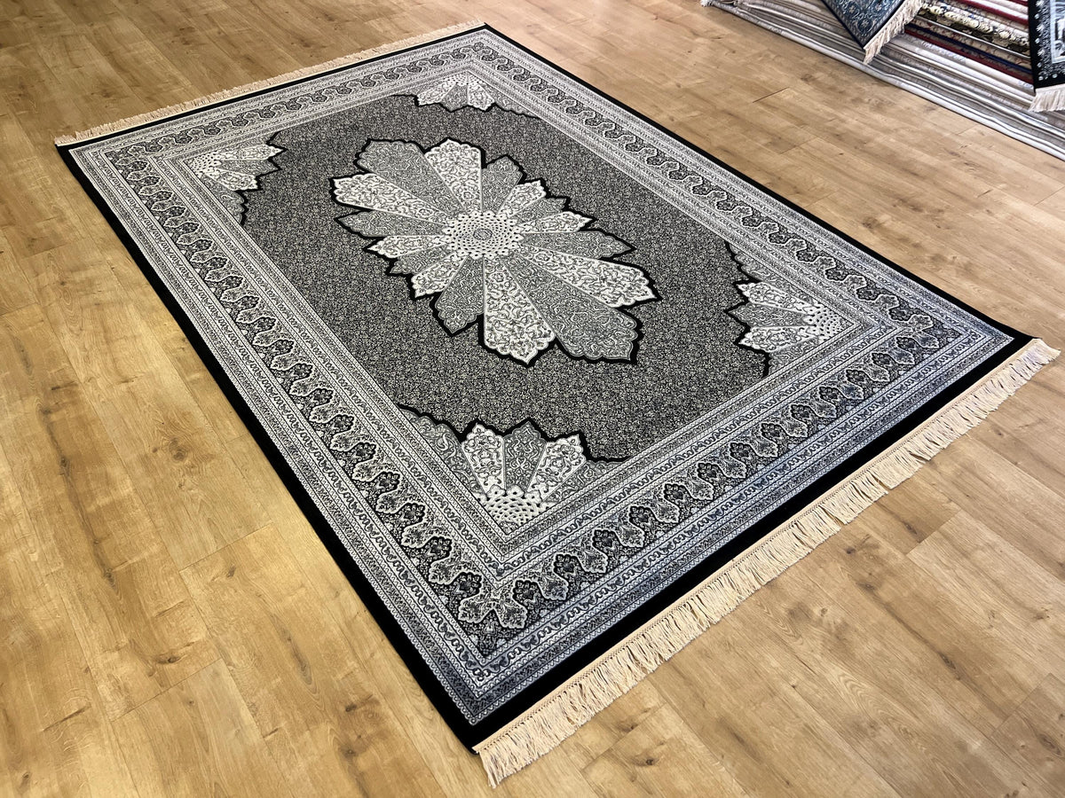5x8 ft Black White Silk Rug, Traditional Medallion Design Rug , Luxury Home Decor