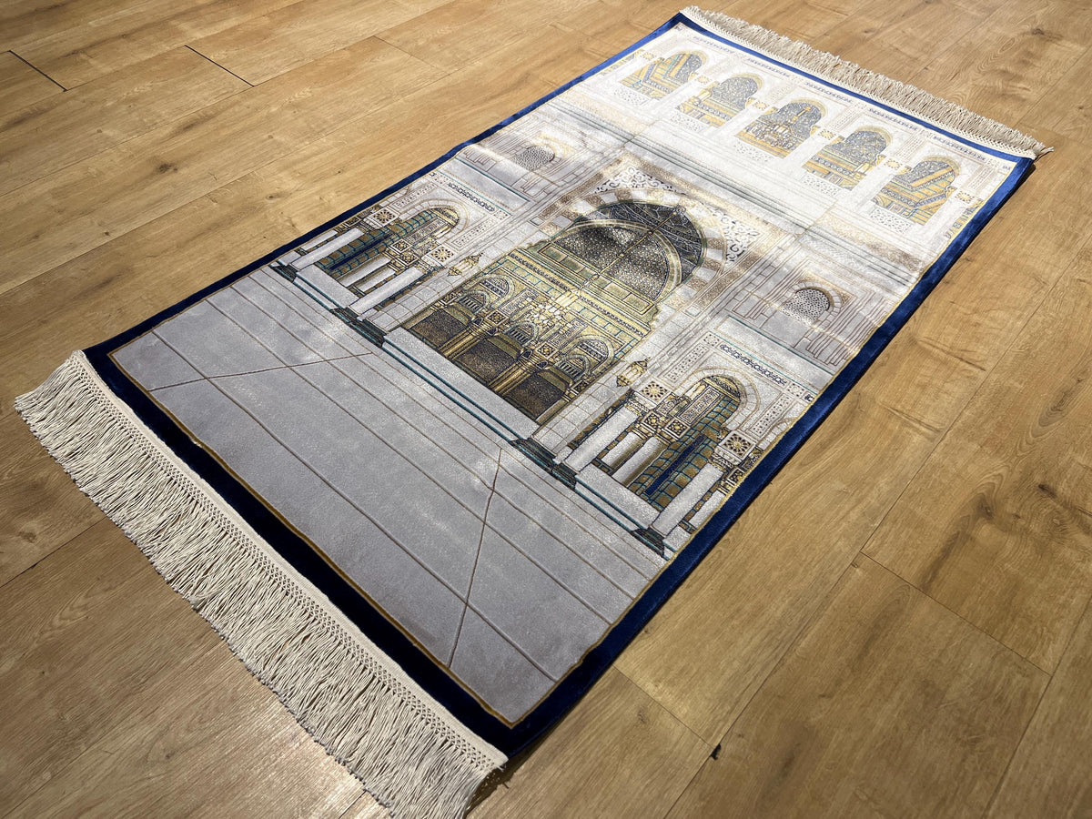 Gray Mosque Design Silk Prayer Rug with Blue Border