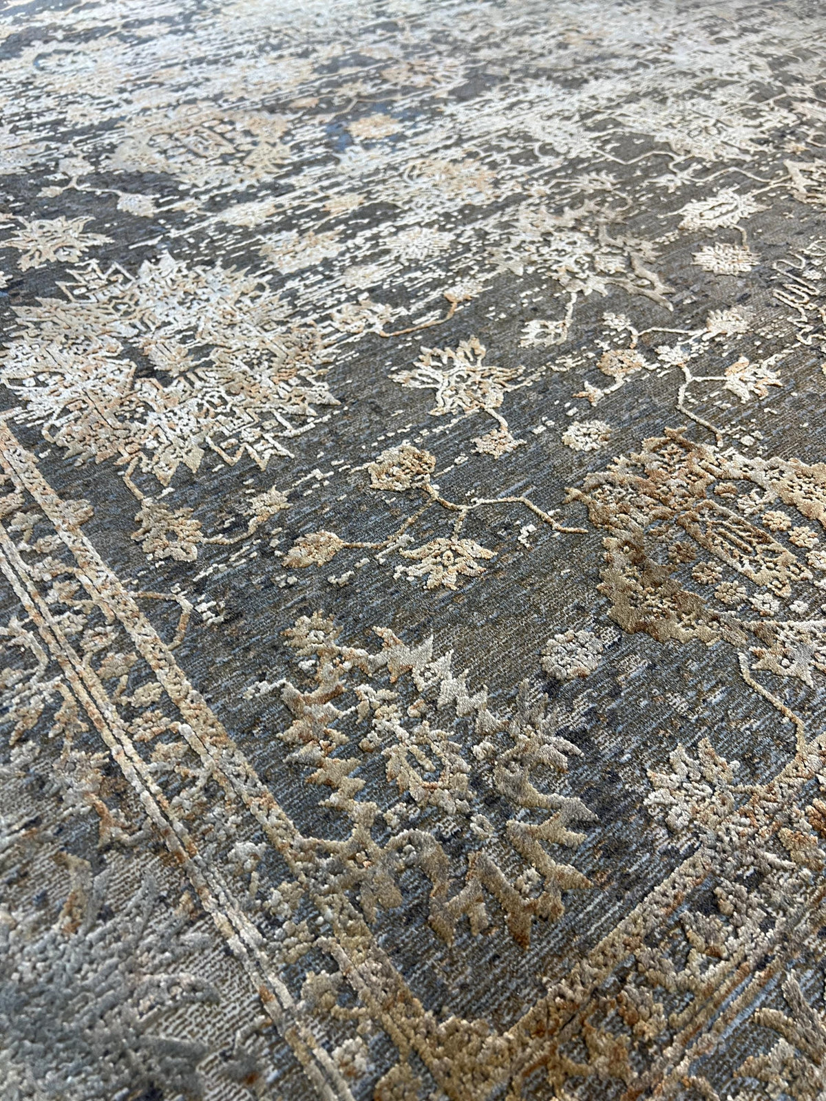 8x11 ft Brown Gray Bamboo Rug with Antique Distressed Floral Pattern