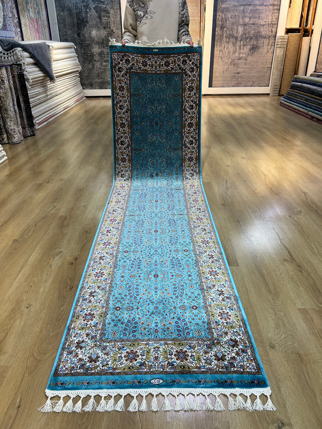 Blue Beige Modal Silk Rug, Turkish Carpet 3x10 ft, Luxury Home Decor