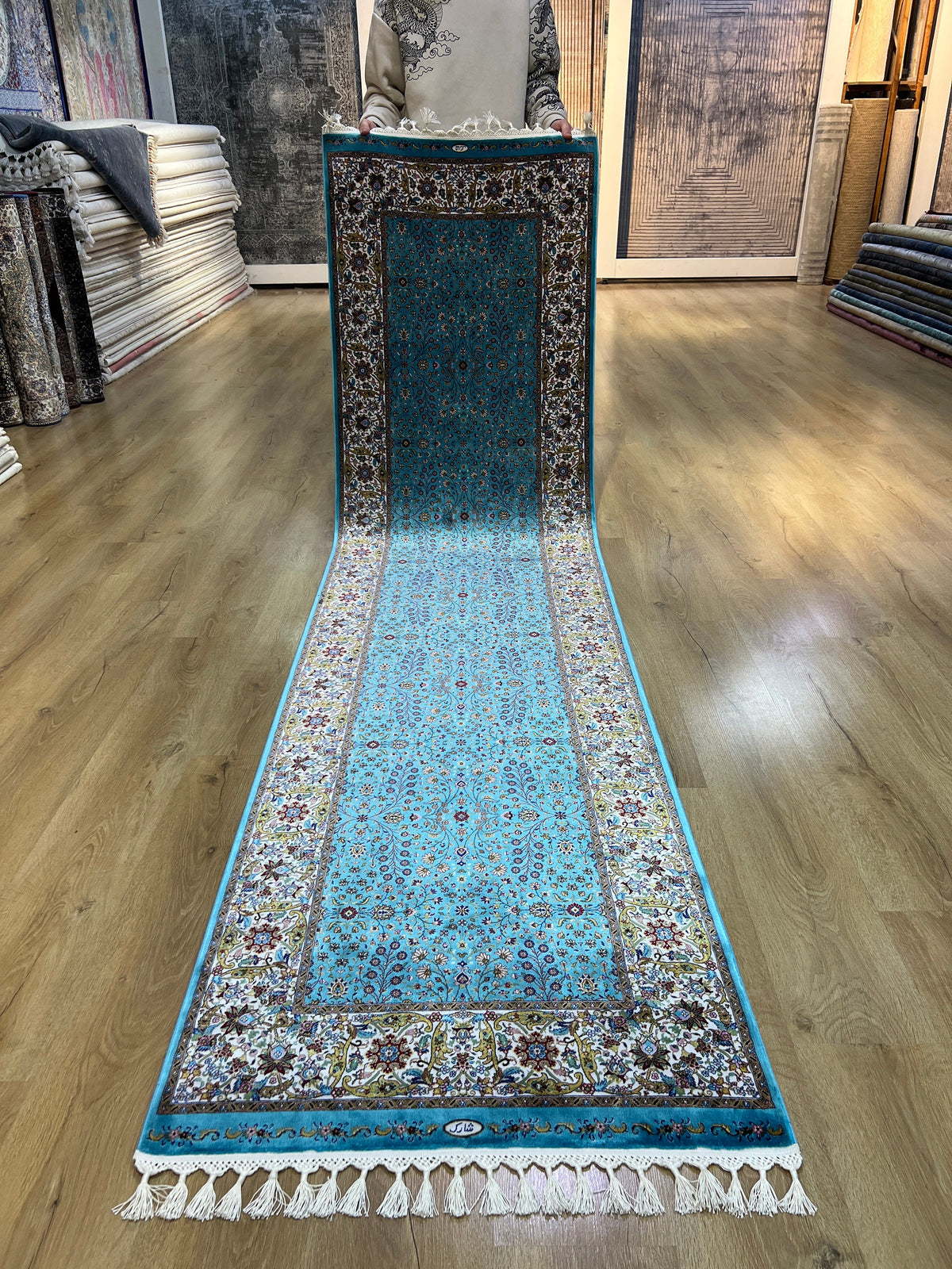 Blue Beige Modal Silk Rug, Turkish Carpet 3x10 ft, Luxury Home Decor