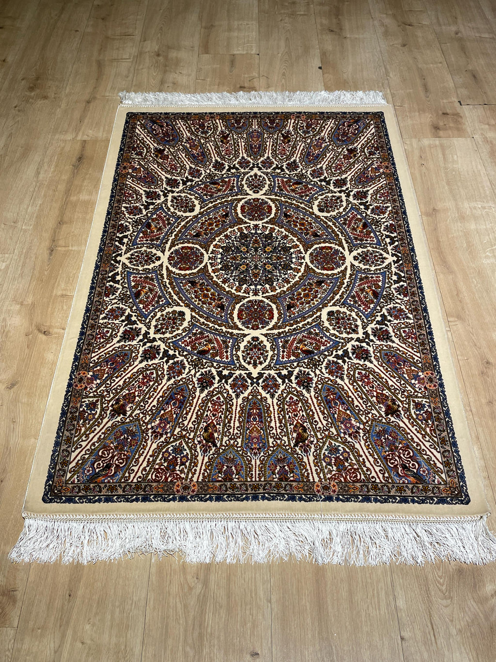 Cream Small Silk Rug, Ornate Medallion Silk Mat, Luxury Home Decor