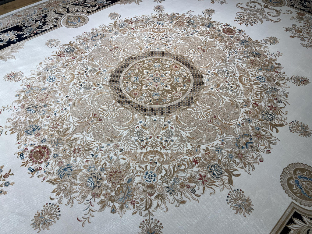 10x13 ft Ivory Silk Rug with Navy Blue Border Gold Medallion, Big Silk Carpet