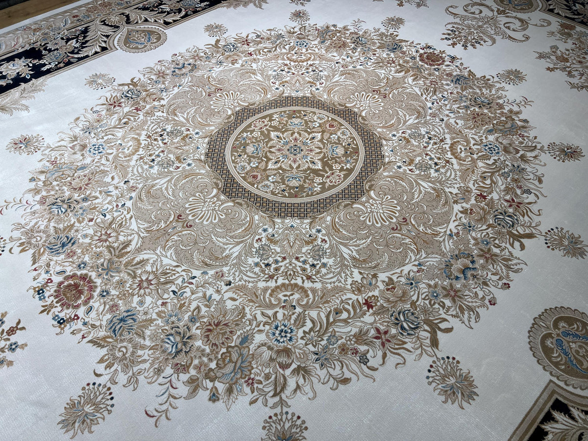 10x13 ft Ivory Silk Rug with Navy Blue Border Gold Medallion, Big Silk Carpet