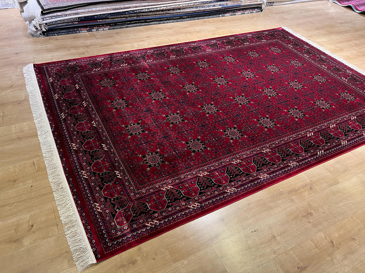 7x10 Ft Red Traditional Luxury Silk Rug With Geometric Motifs