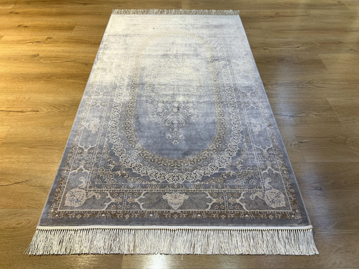 Gray Gold Medallion Silk Rug, 3x5 ft, Classic Luxury Small Area Rug
