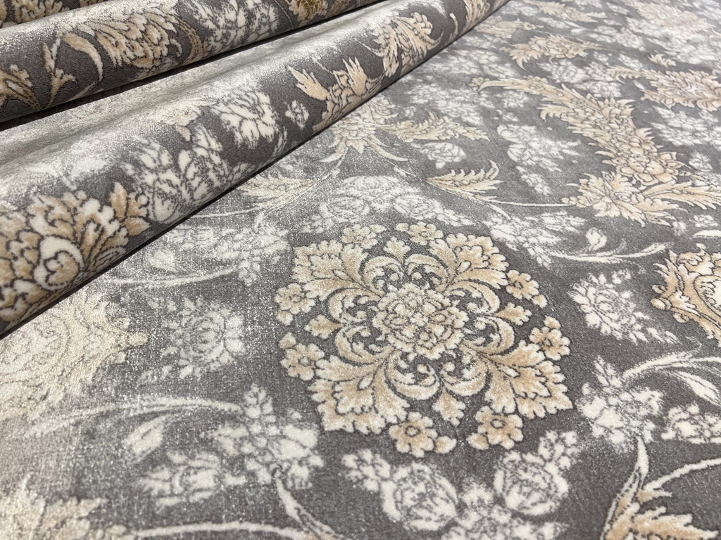 10x13 ft Gray Classic Silk Rug with Beige Floral Motifs, Big Silk Carpet