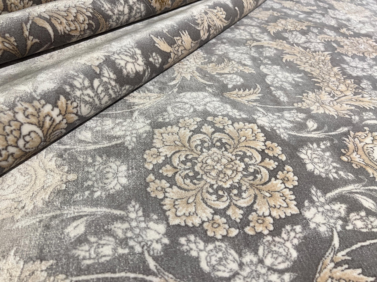 10x13 ft Gray Classic Silk Rug with Beige Floral Motifs, Big Silk Carpet