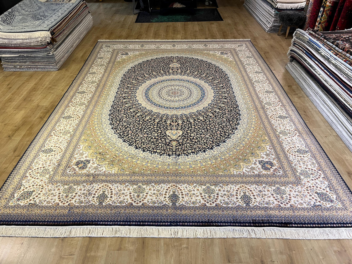 Bamboo Silk Navy Blue Rug 10x13 ft, Luxury Large Rug with Classic Medallion Design