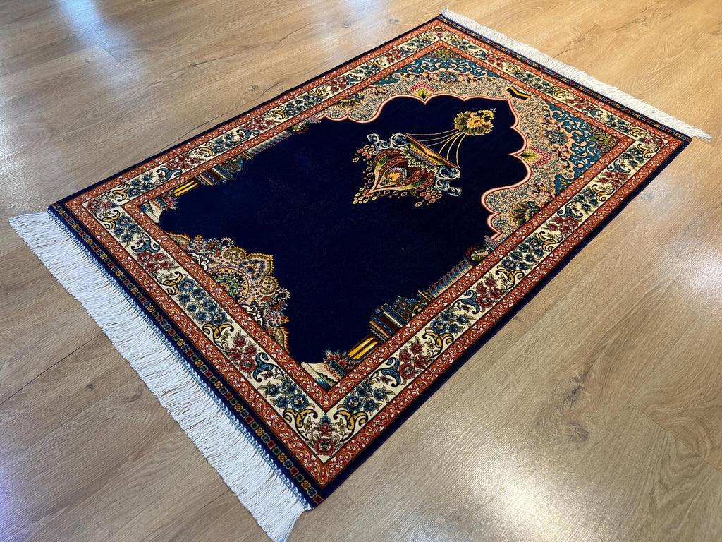 Blue Luxury Silk Prayer Rug, Gift Mat, Janamaz Mat