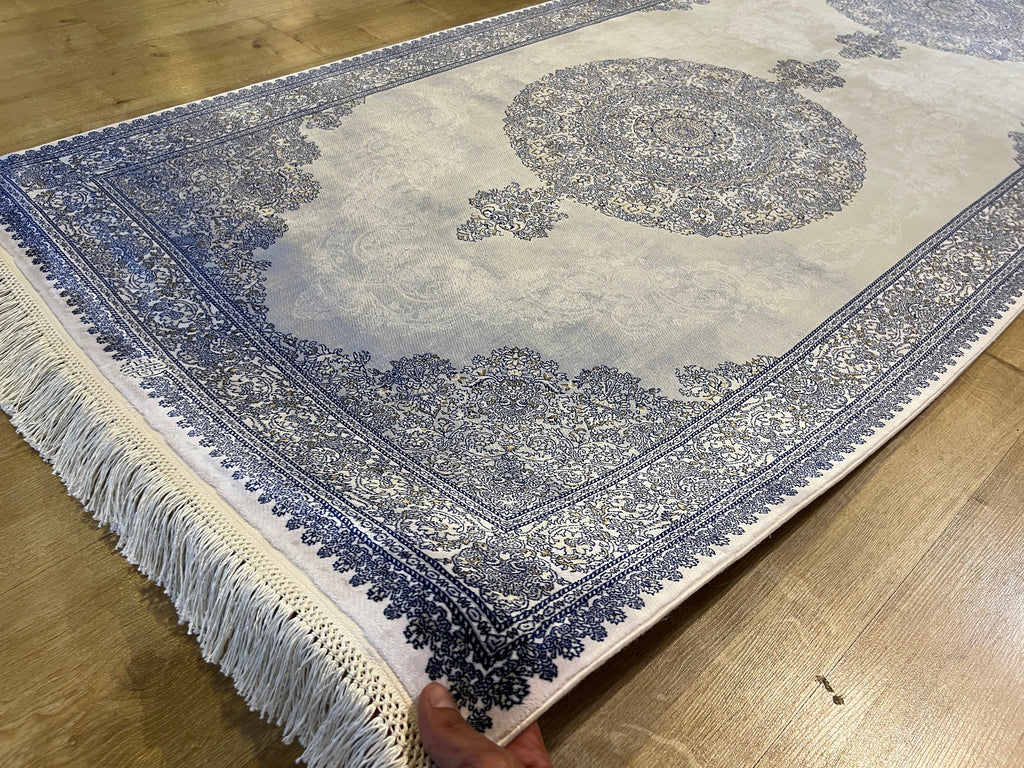 Gray Blue Medallion Silk Runner Rug, 3x10 ft, Classic Luxury Hallway Rug