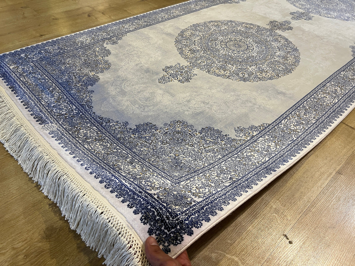 Gray Blue Medallion Silk Runner Rug, 3x10 ft, Classic Luxury Hallway Rug