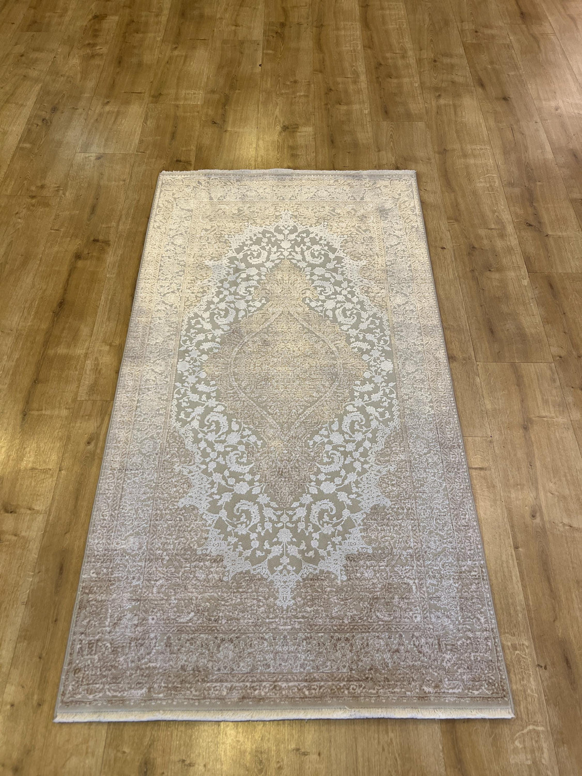 Beige Bamboo Rug with Gold Medallion, 3x5 ft, Turkish Style Small Rug