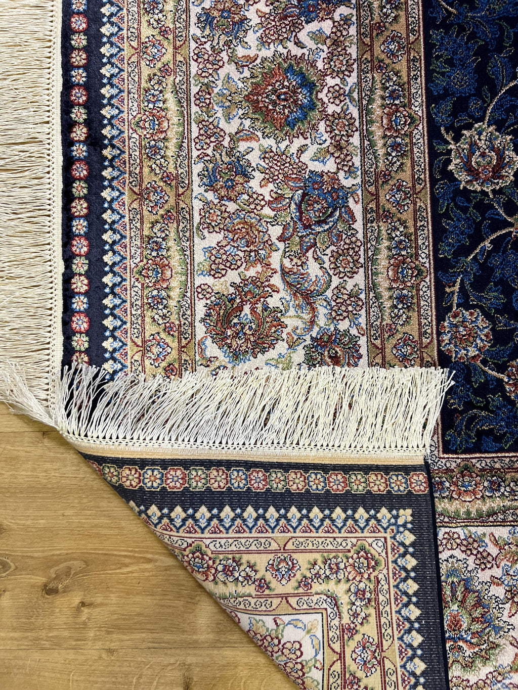 7x10 ft Blue Silk Bamboo Rug with Ivory Border and Gold Pattern, Classic Design