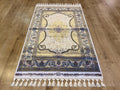 Ivory Silk Rug with Gold Medallion Pattern, Small Silk Carpet