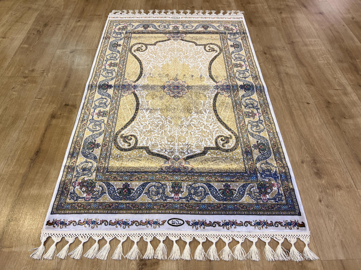 Ivory Silk Rug with Gold Medallion Pattern, Small Silk Carpet