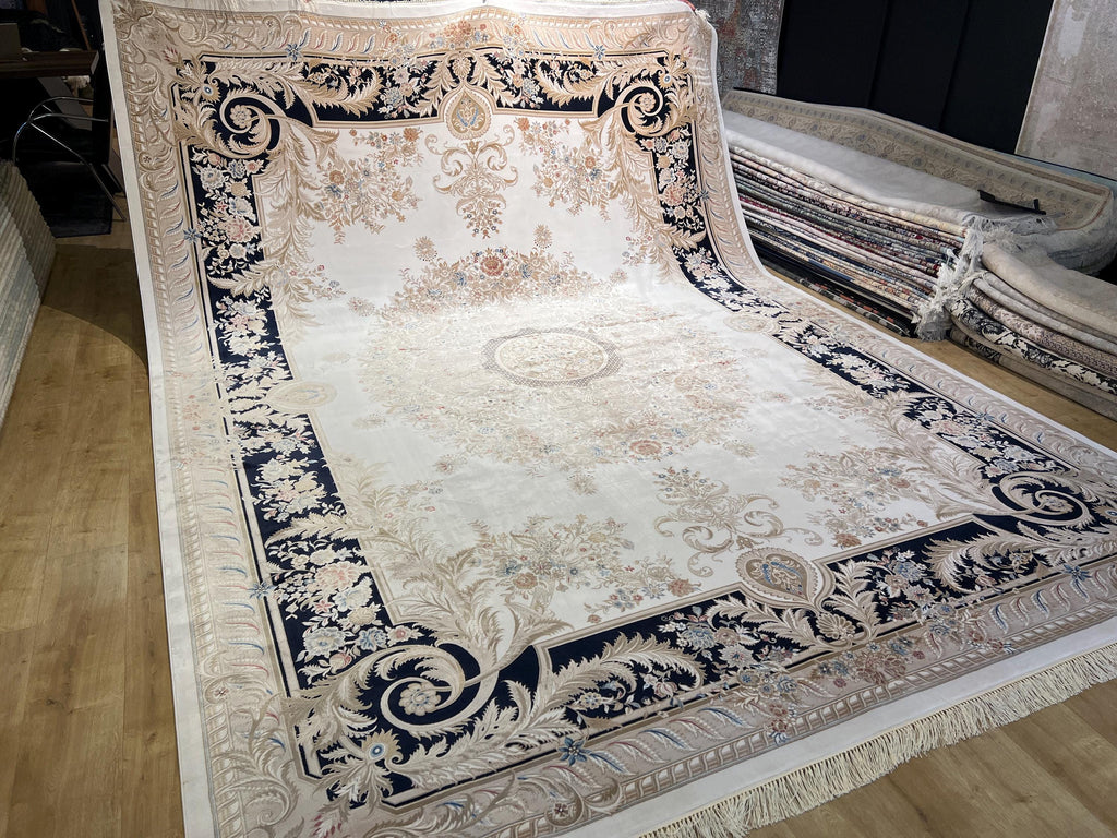 10x13 ft Ivory Silk Rug with Navy Blue Border Gold Medallion, Big Silk Carpet