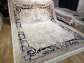 10x13 ft Ivory Silk Rug with Navy Blue Border Gold Medallion, Big Silk Carpet