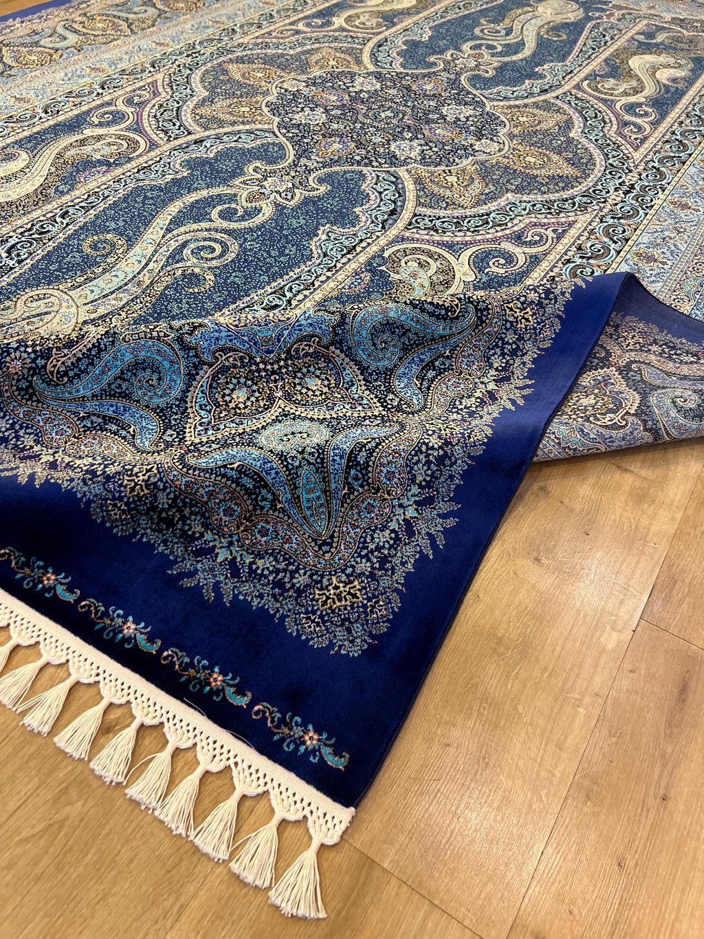 Modal Silk Rug, Dark Blue Gold Medallion Design, Luxury Turkish Carpet, Home Decor