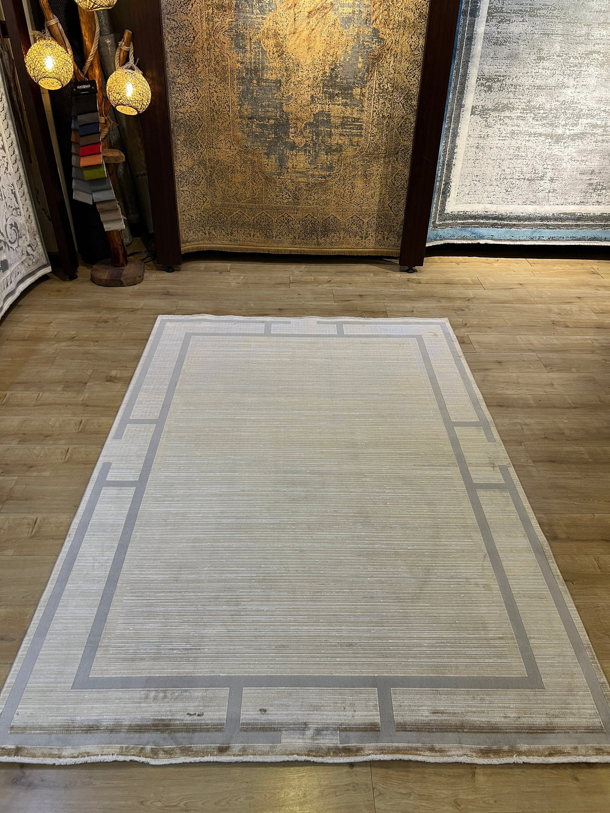 5x8 Ft Gold Brown Bamboo Rug with Modern Gray Border Design