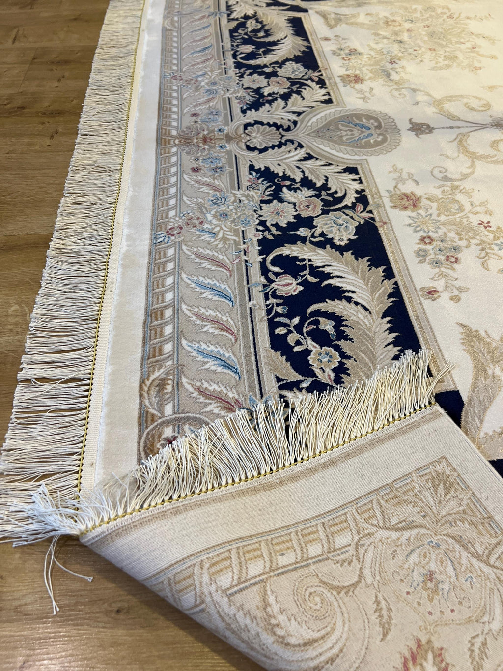 Ivory Silk Rug with Navy Blue Border Gold Medallion, Classic Turkish Rug