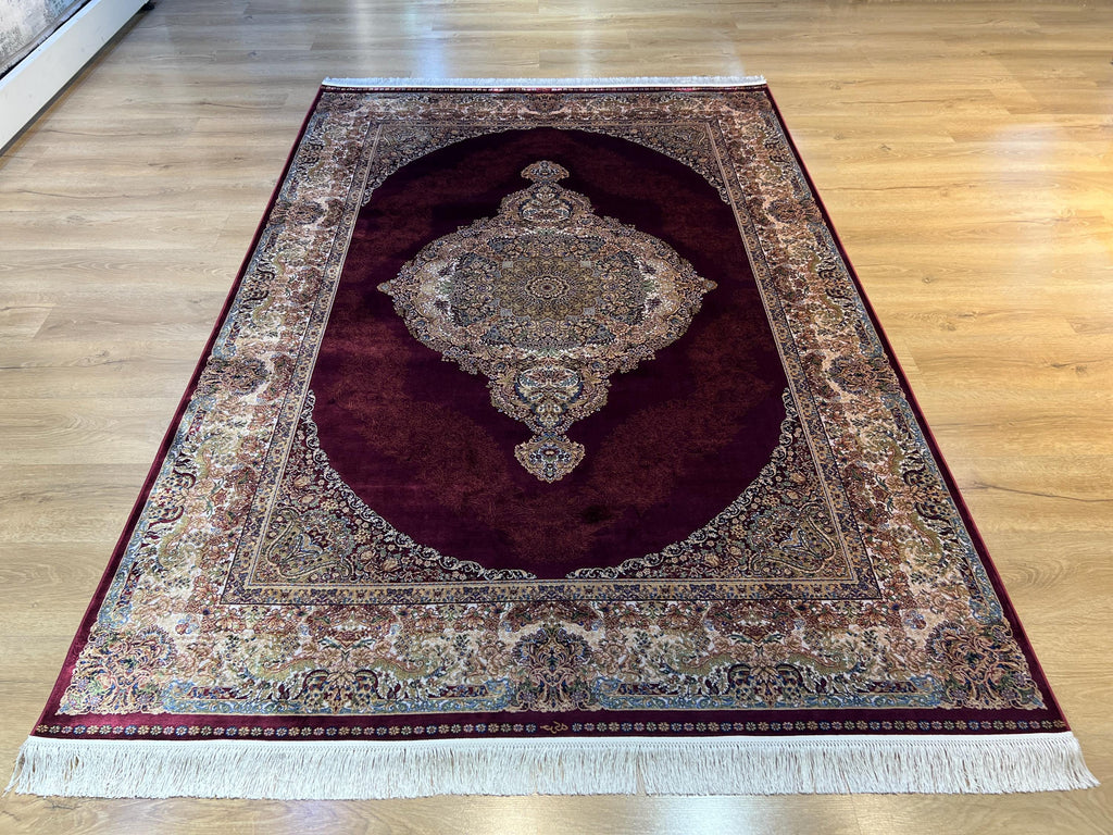 5x8 ft Red Silk Rug, Gold Green Floral Medallion, Elegant Turkish Carpet