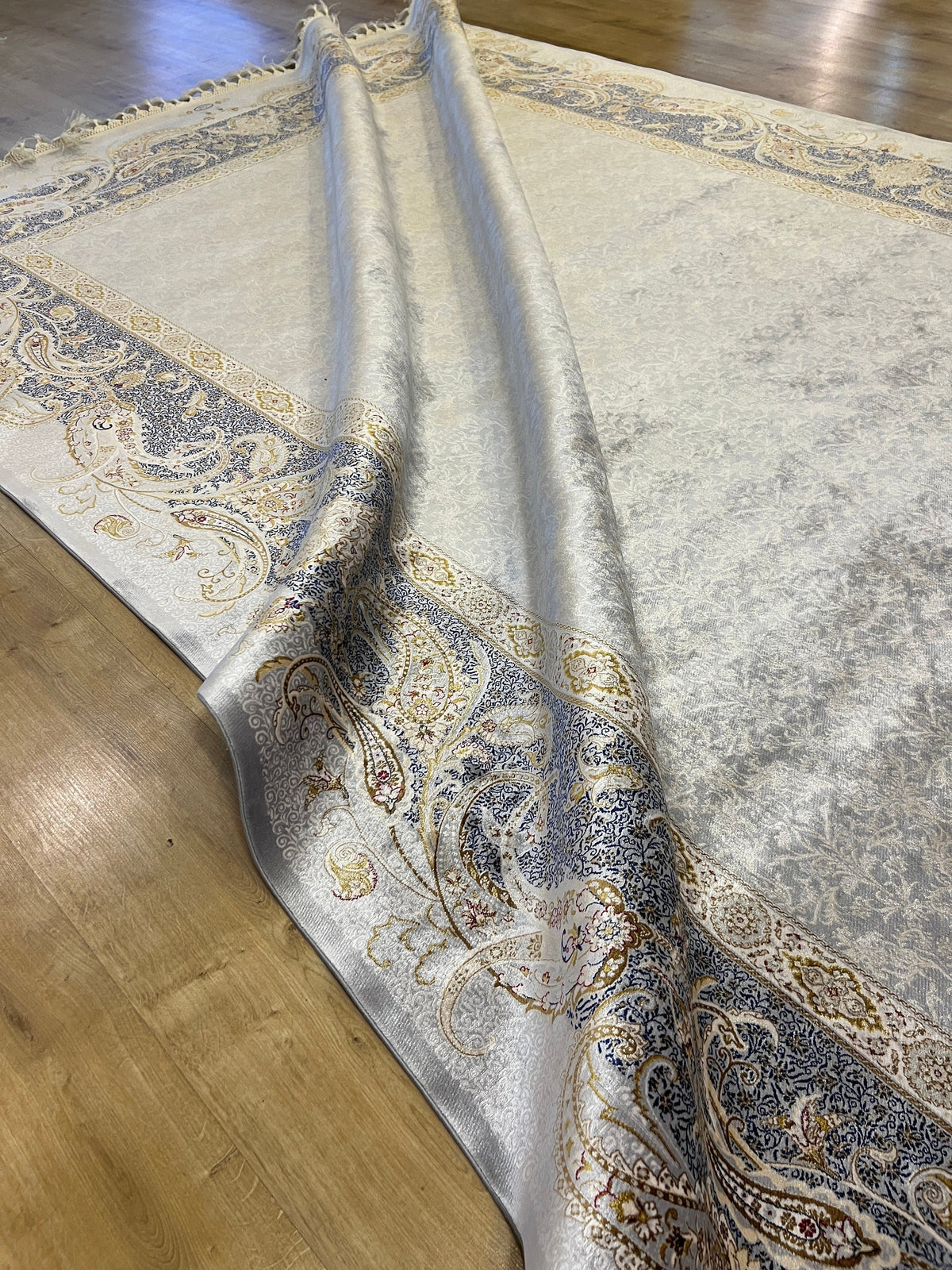 Gray Gold Modal Silk Rug, Turkish Carpet, 7x10 ft