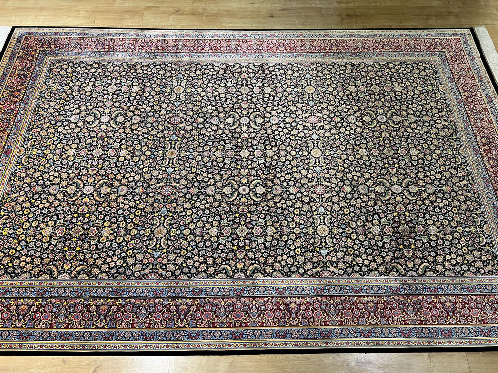 7x10 Ft Black Silk Rug With Red Border, Traditional Floral Classic Design